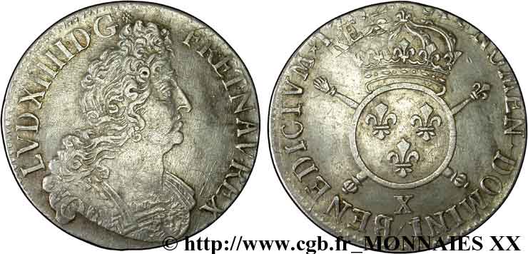 LOUIS XIV LE GRAND OU LE ROI SOLEIL Demi-écu aux insignes 1702 Amiens TTB