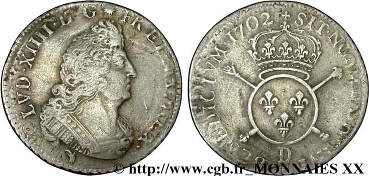 LOUIS XIV  THE SUN KING  Quart d écu aux insignes 1702 Lyon BC+