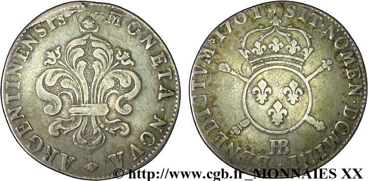 LOUIS XIV  THE SUN KING  Pièce de trente-quatre sols et demi aux insignes 1701 Strasbourg MBC/BC+