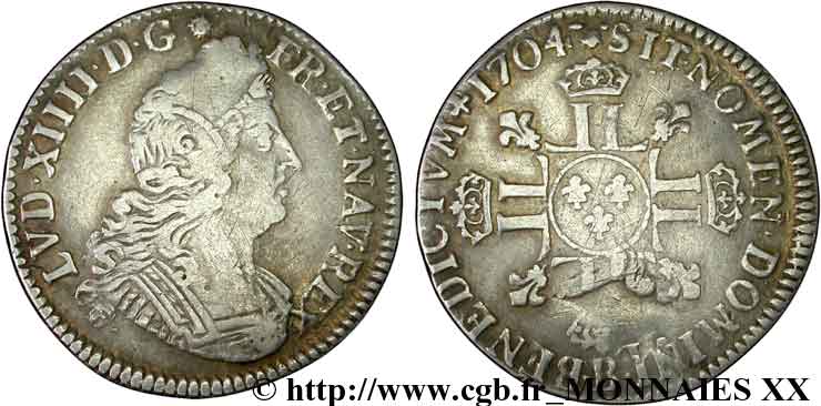 LOUIS XIV  THE SUN KING  Quart d écu aux huit L, 2e type 1704  Rouen VF