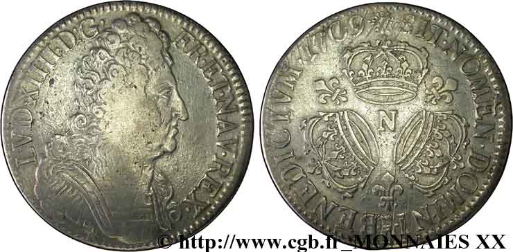 LOUIS XIV &nbsp;THE SUN KING&nbsp; Écu aux trois couronnes 1709 Montpellier VF/XF