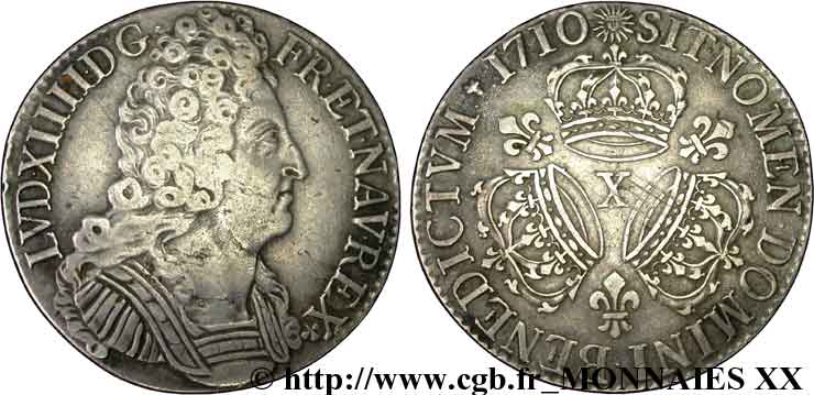 LOUIS XIV  THE SUN KING  Écu aux trois couronnes 1710 Amiens q.BB/BB