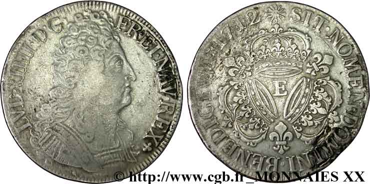 LOUIS XIV  THE SUN KING  Écu aux trois couronnes 1712 Tours MBC