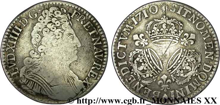 LOUIS XIV LE GRAND OU LE ROI SOLEIL Demi-écu aux trois couronnes 1710 Rouen TB/TB+