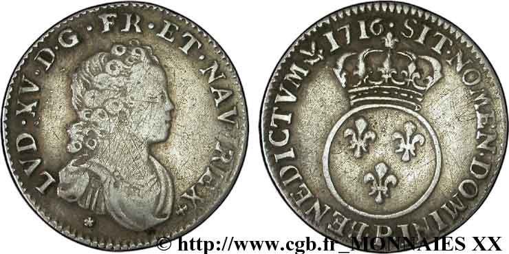LOUIS XV  THE WELL-BELOVED  Dixième d écu dit  vertugadin  1716 Dijon fSS/SS