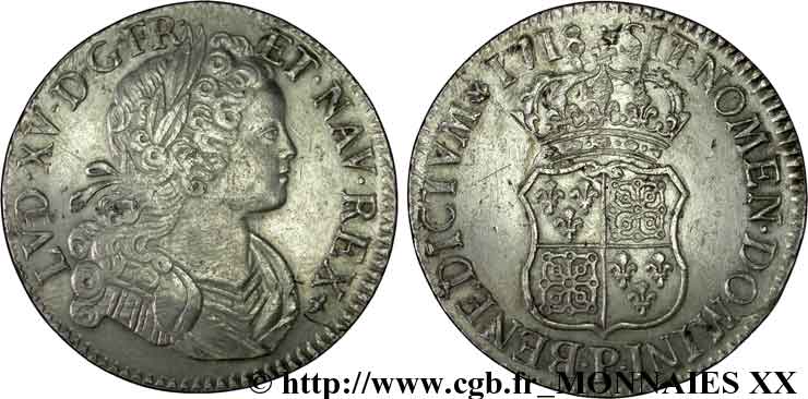 LOUIS XV  THE WELL-BELOVED  Écu de Navarre 1718 Dijon fVZ