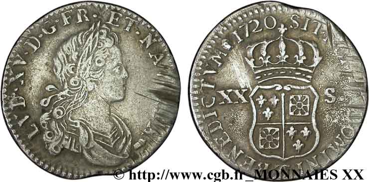 LOUIS XV  THE WELL-BELOVED  XX sols de Navarre 1720 Besançon XF