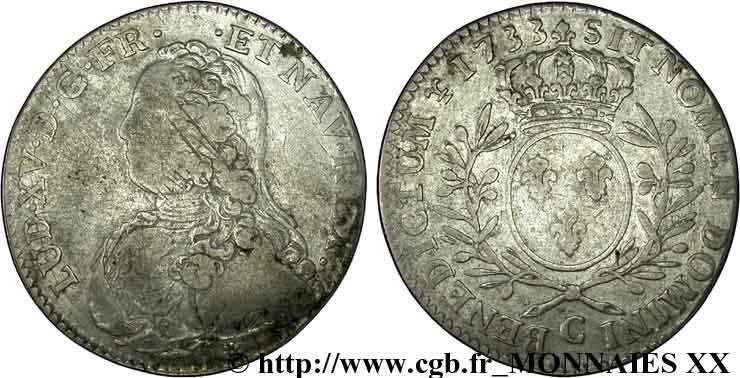 LOUIS XV  THE WELL-BELOVED  Demi-écu aux branches d olivier, buste habillé 1733 Caen VF