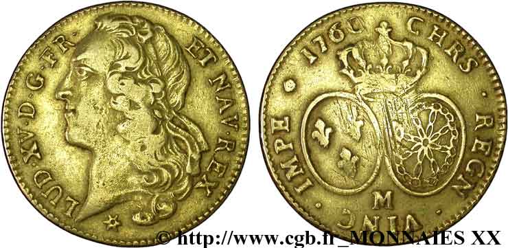 LOUIS XV DIT LE BIEN AIMÉ Double louis d’or aux écus ovales, tête ceinte d’un bandeau 1760 Toulouse TB+
