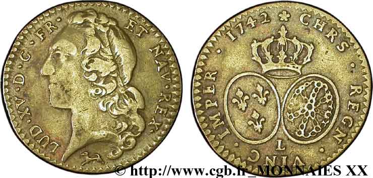 LOUIS XV DIT LE BIEN AIMÉ Demi-louis d’or aux écus ovales, tête ceinte d’un bandeau 1742 Bayonne TB+/TTB
