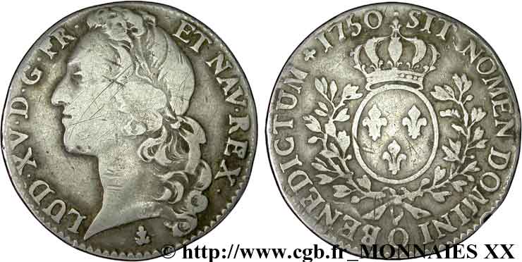 LOUIS XV THE BELOVED Demi-écu aux branches d’olivier, tête ceinte d’un bandeau 1750 Riom VF