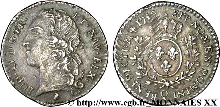 LOUIS XV DIT LE BIEN AIMÉ Dixième d&nbsp;écu aux branches d’olivier, tête ceinte d’un bandeau 1744 Perpignan TTB+