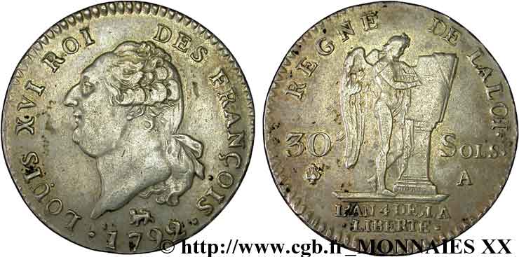 LOUIS XVI 30 sols dit  au génie , type FRANÇOIS 1792 Paris AU/XF