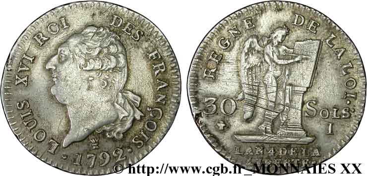 LOUIS XVI 30 sols dit  au génie , type FRANÇOIS 1792 Limoges AU/XF