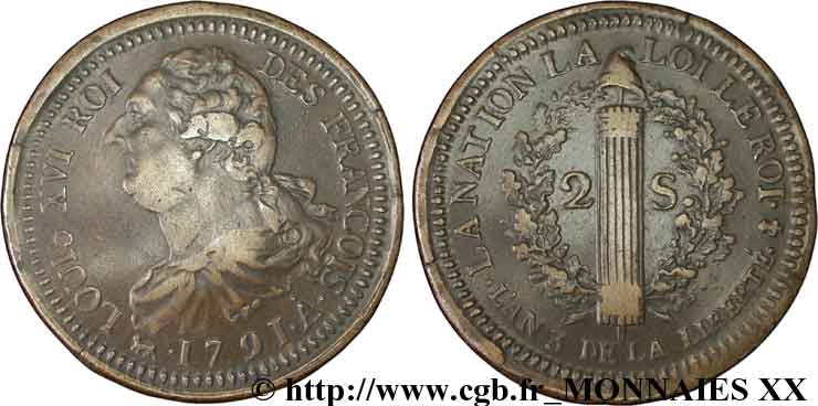 LOUIS XVI (MONARQUE CONSTITUTIONNEL)  2 sols dit  au faisceau , type FRANÇOIS 1791 Paris TTB+