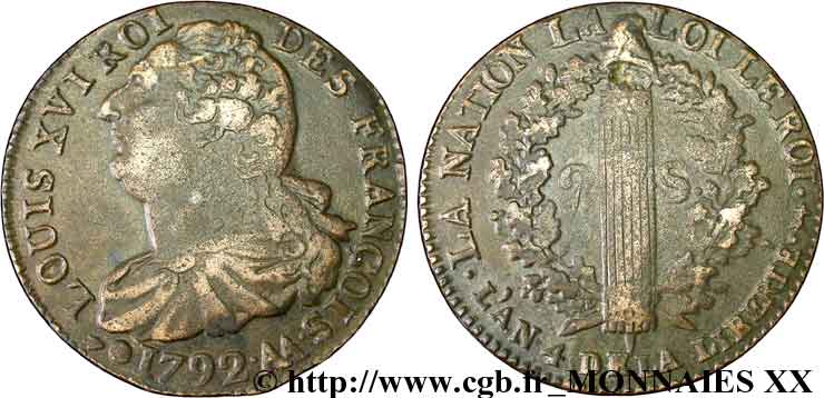 LOUIS XVI 2 sols dit  au faisceau , type FRANÇOIS 1792 Metz fVZ