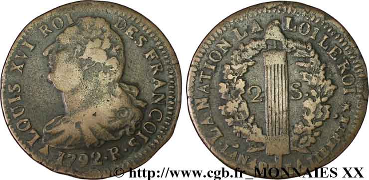 LOUIS XVI (MONARQUE CONSTITUTIONNEL)  2 sols dit  au faisceau , type FRANCOIS 1792 Orléans TTB