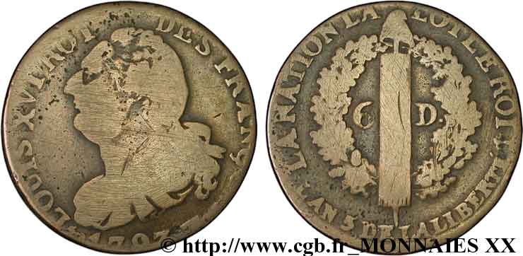 LOUIS XVI 6 deniers dit  au faisceau , type FRANÇOIS 1793 Nantes fS/S