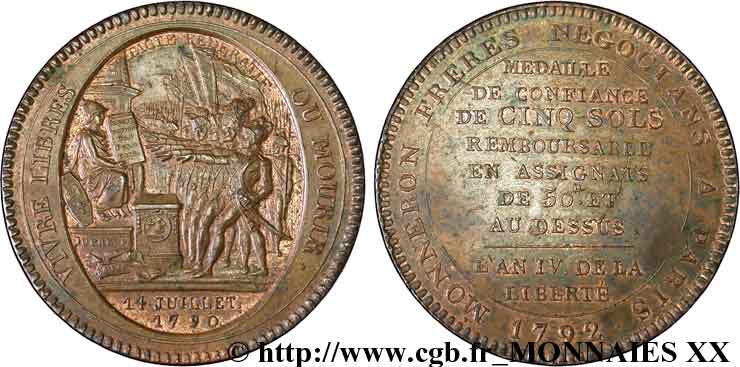 REVOLUTION COINAGE Monneron de 5 sols au serment (An IV), 2e type 1792 Birmingham, Soho SC