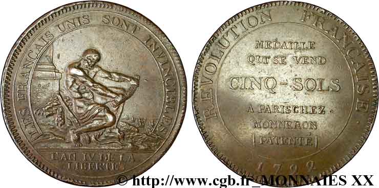 CONFIANCE (MONNAIES DE...) Monneron de 5 sols à l Hercule, frappe monnaie 1792 Birmingham, Soho TTB+