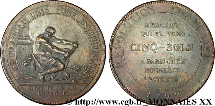 REVOLUTION COINAGE Monneron de 5 sols à l Hercule, frappe médaille 1792 Birmingham, Soho MBC+