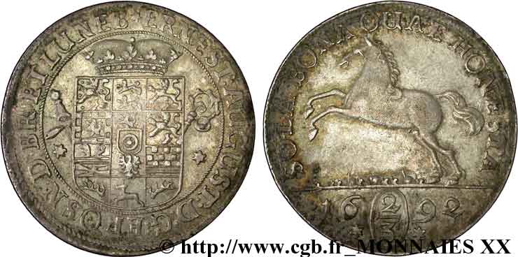 ALLEMAGNE - BRUNSWICK LUNEBOURG CALENBERG (DUCHÉ DE) - ERNEST AUGUSTE Deux-tiers de thaler ou gulden 1692  XF/AU