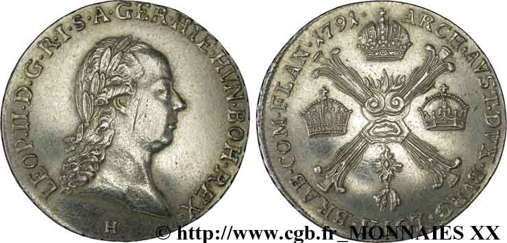 PAYS-BAS AUTRICHIENS - LÉOPOLD II Quart de kronenthaler (quart de thaler à la couronne) 1791 Günzburg fVZ/VZ