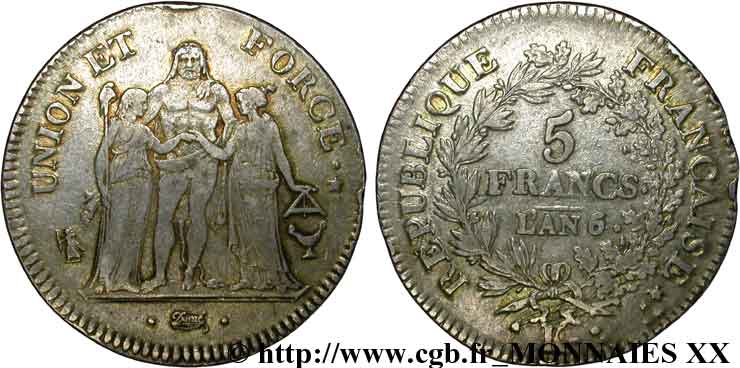 5 francs Union et Force, Union serré, avec glands intérieurs et gland extérieur 1798 Bordeaux F.288/65 MBC 