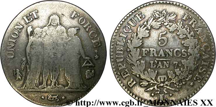 5 francs Union et Force, Union serré, avec glands intérieurs et gland extérieur 1799 Bayonne F.288/111 MB 