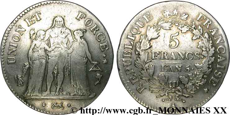 5 francs Union et Force, Union serré, seulement gland extérieur 1797 Paris F.288/11 SS 