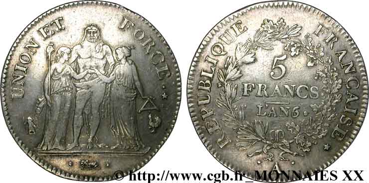 5 francs Union et Force, Union serré, seulement gland extérieur 1798 Paris F.288/47 BB 