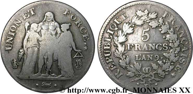 5 francs Union et Force, Union serré, avec glands intérieurs et gland extérieur 1801 Lyon F.288/157 BC 