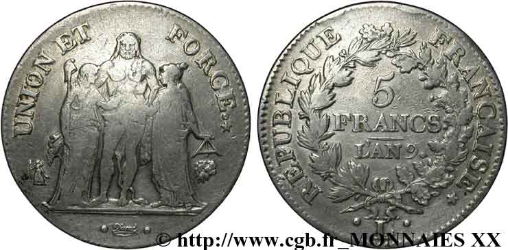 5 francs Union et Force, Union serré, avec glands intérieurs et gland extérieur 1801 Bayonne F.288/161 TB 