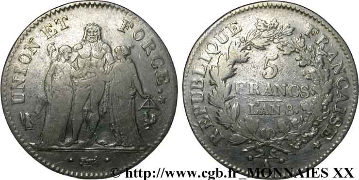 5 francs Union et Force, Union desserré, avec glands intérieurs et gland extérieur 1800 Paris F.291/30 TB 