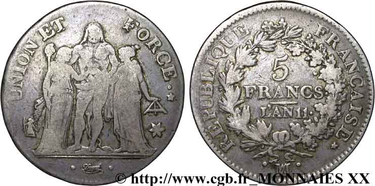 5 francs Union et Force, Union serré, seulement glands intérieurs 1803 Marseille F.288/196 BC 
