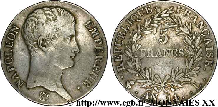 5 francs Napoléon empereur, calendrier révolutionnaire 1805 Bayonne F.303/25 XF 