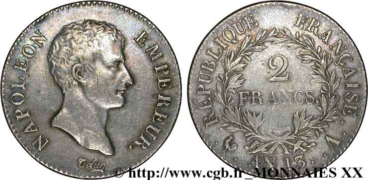 2 francs Napoléon empereur, calendrier révolutionnaire 1805 Paris F.251/12 XF 