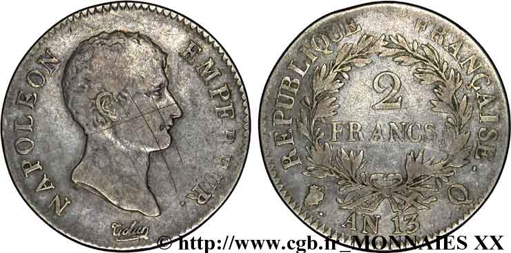 2 francs Napoléon Empereur, Calendrier révolutionnaire 1805 Perpignan F.251/23 TB 