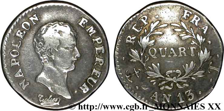 Quart de franc Napoléon empereur calendrier révolutionnaire 1805 Nantes F.158/16 TB 