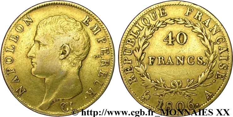 40 francs or Napoléon tête nue, calendrier grégorien 1806 Paris F.538/1 S 