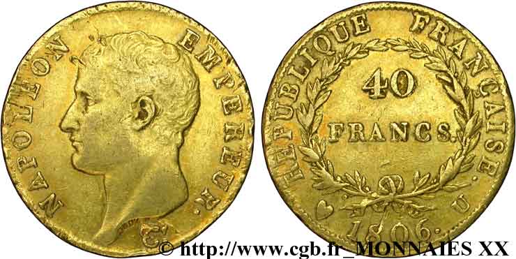 40 francs or Napoléon tête nue, calendrier grégorien 1806 Turin F.538/4 TTB 