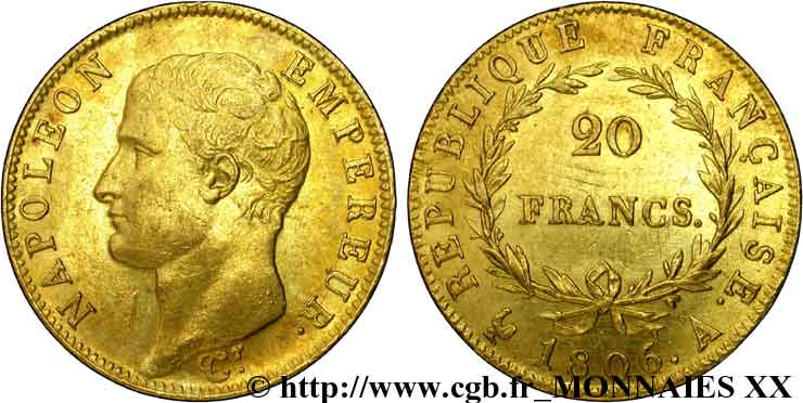 20 francs Napoléon tête nue, calendrier grégorien 1806 Paris F.513/1 SUP 