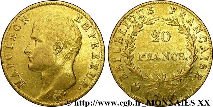 20 francs Napoléon tête nue, calendrier grégorien 1806 Turin F.513/4 TTB 