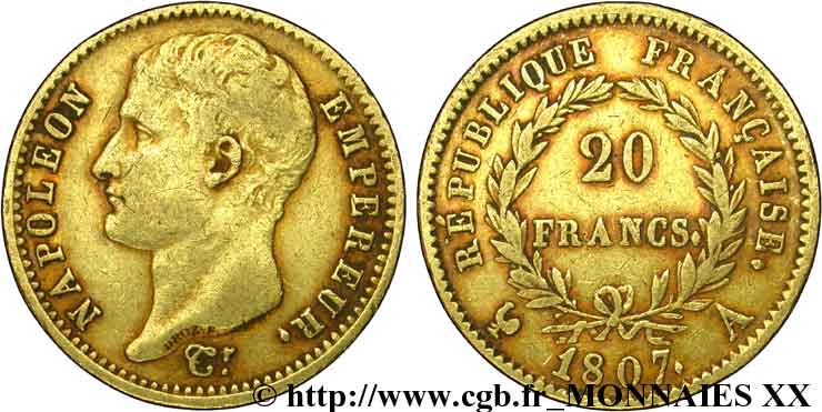 20 francs Napoléon tête nue, type transitoire 1807 Paris F.514/1 SS 
