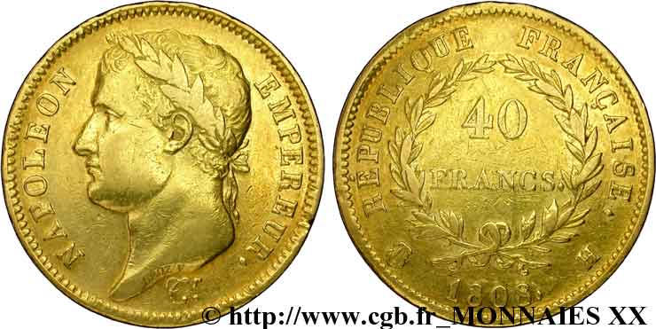 40 francs or Napoléon tête laurée, République française 1808 La Rochelle F.540/3 TTB 