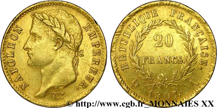20 francs Napoléon tête laurée, République française 1807 Paris F.515/1 BB 