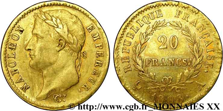 20 francs Napoléon tête laurée, République française 1808 Paris F.515/2 TTB 