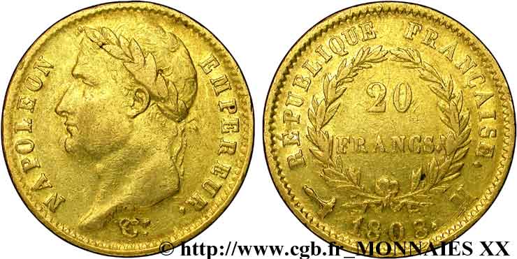 20 francs Napoléon tête laurée, République française 1808 Toulouse F.515/4 SS 