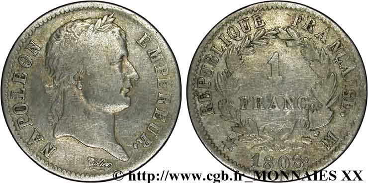 1 franc Napoléon Ier tête laurée, République française 1808 Marseille F.204/11 VF 