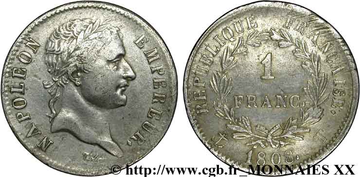 1 franc Napoléon Ier tête laurée, République française 1808 Nantes F.204/13 TB 